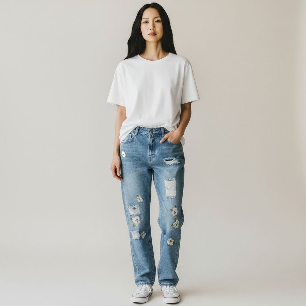 Chelsea & Violet High Rise Distressed Floral Embroidered Mom Jeans 28 Country - Picture 2 of 15